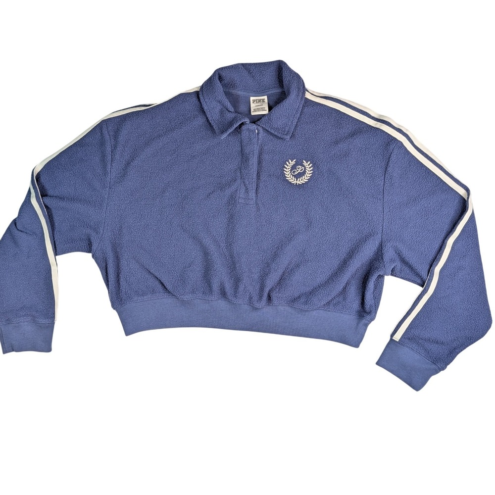 PINK Victoria's Secret‎ Blue Cropped Polo Sweatshirt Stripe Sleeve Large